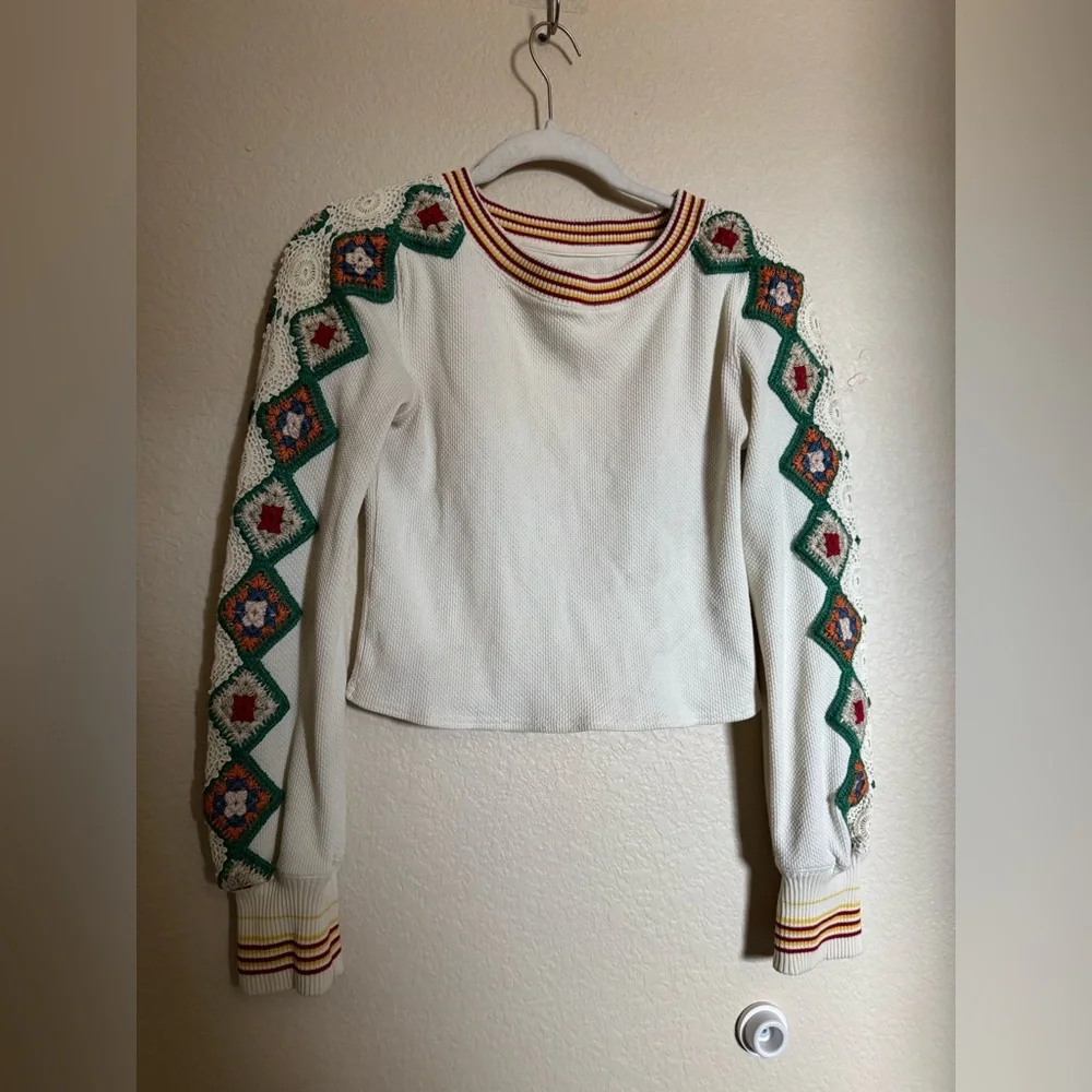 Free People Rib Sweatshirt Granny Square Sleeve Embroidery Sz Small Colorful‎